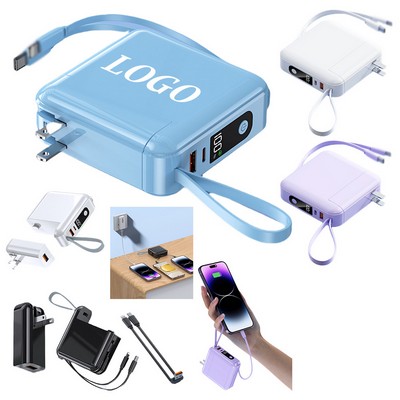 15000 mAh Portable Charger with Integrated Cables and Wall Plug