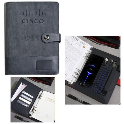 Leatherette Wireless Qi Charging Padfolio With Built-In Power Bank